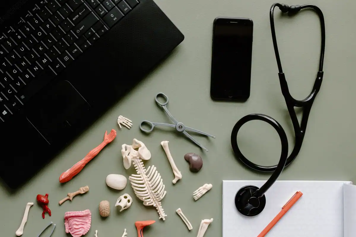 Birou cu stetoscop, laptop, telefon și model anatomic al scheletului, așezate la vedere
